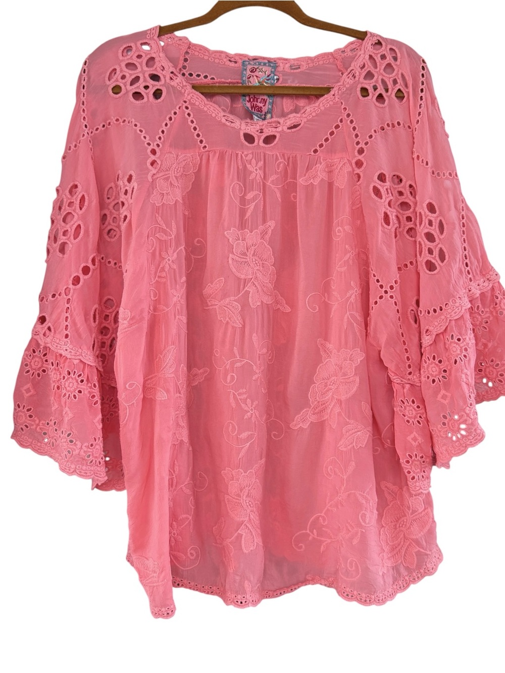 Johnny Was Roman Ruffle Blouse Pink Coral Embroidered Lace Top Large